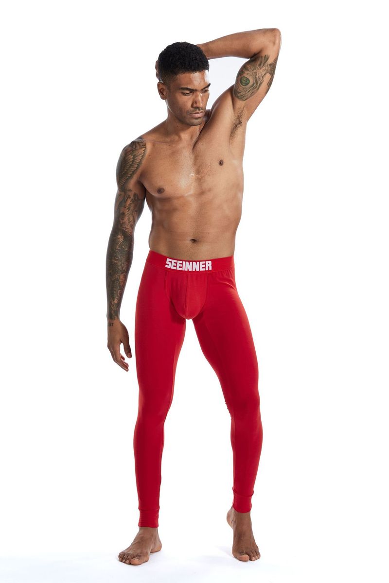 Roupa íntima e pijamas Roupa íntima térmica fina masculina, camada de base de algodão elástico com ajuste fino, calças anti-frio na altura do tornozelo em branco, vermelho, preto e azul-marinho_voghion.com