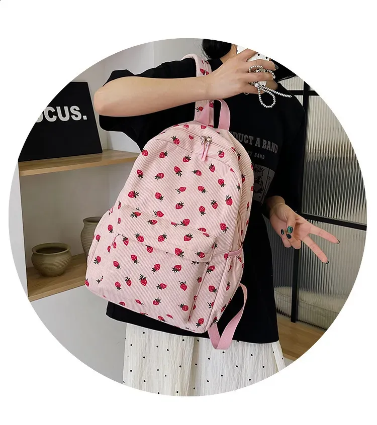 Corduroy Strawberry Backpack Student Multi Pocket Youth Adjustable Strap Notebook Outdoor Mochila Escolars 250408l_voghion.com