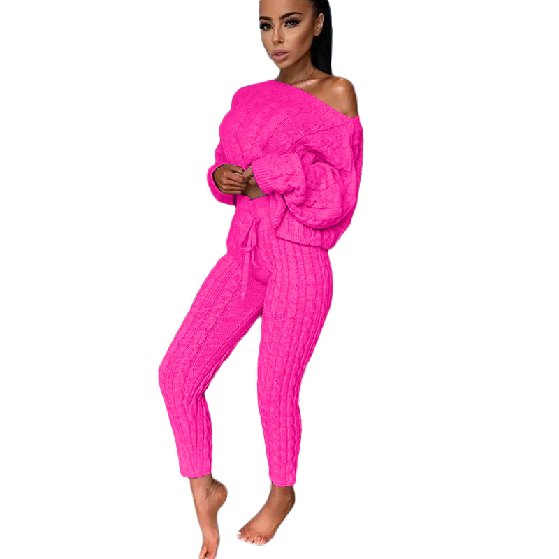 Women's fashion set crew-neck wool-knitted trousers long-sleeved set sweater_voghion.com