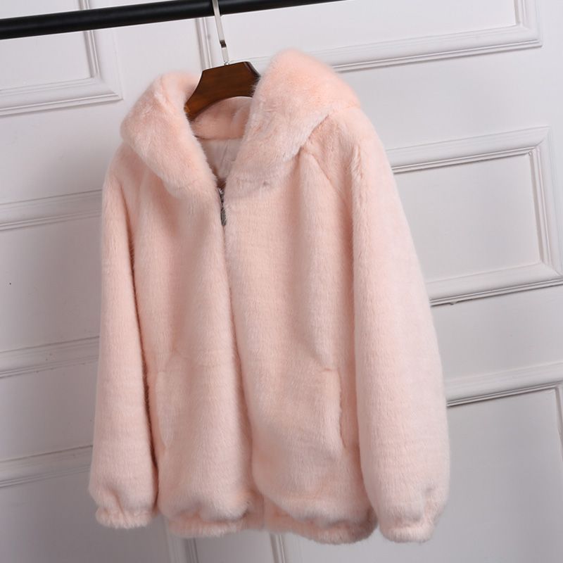 "Giacca con cappuccio in pile double-face - Cappotto oversize in peluche con cerniera (grigio/rosa/bianco) S/M/L/XL"_voghion.com