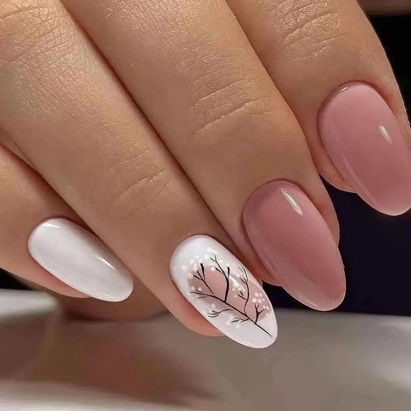 Unhas falsas brancas de amêndoa francesa de verão 24 peças com pérolas, cabeça curta e redonda, design de flores, usável, pré-embaladas_voghion.com