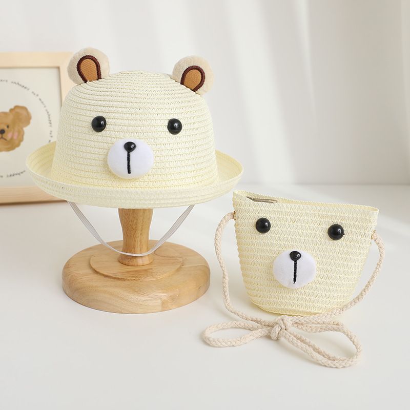 Borsa Paglia Set Estate Bambini Neonato Protezione Solare Cappello Carino Modello Cartone Animato_voghion.com