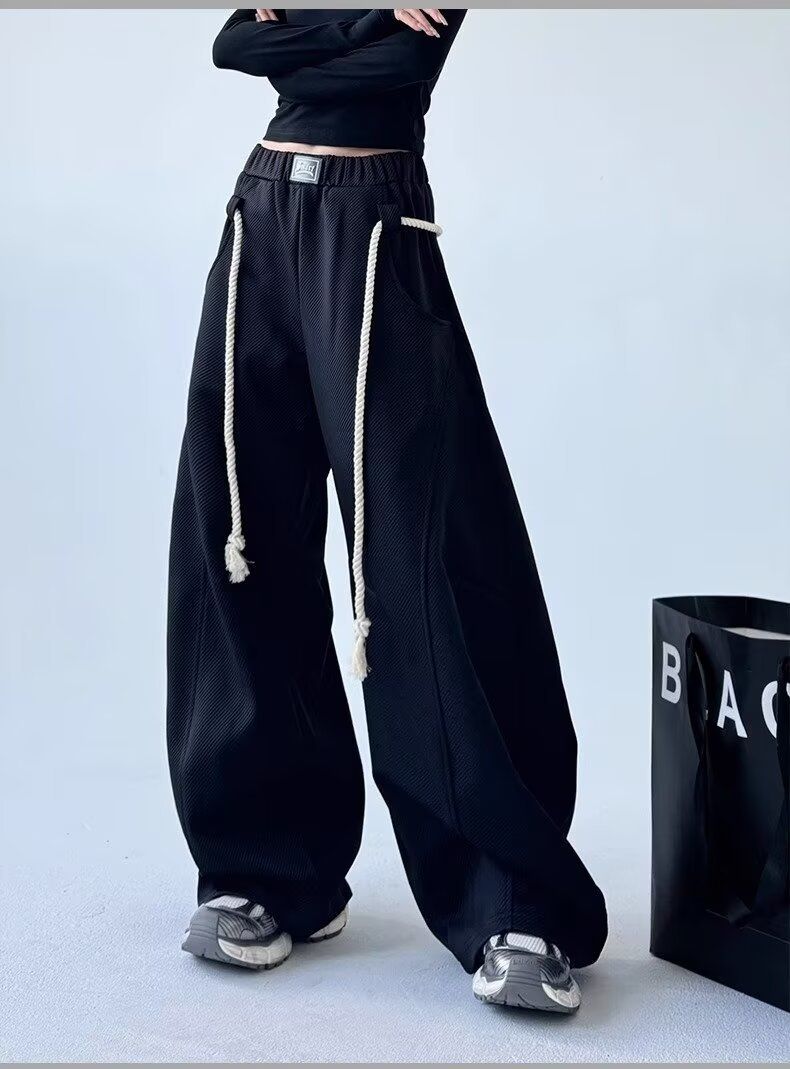 Herenkleding Dikke Touw Handgemaakte Wijde Cargo Broeken Voor Heren - Retro Losse Fit Drop-Crotch Joggingbroek met Trekkoord in de Taille (Grijs/Zwart, XS-XL)_voghion.com