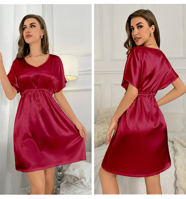 2023 neue Eis Seide Pyjamas Sommer Dünne Taille Schlaf Rock Lange frauen Hause Eingerichtet_voghion.com