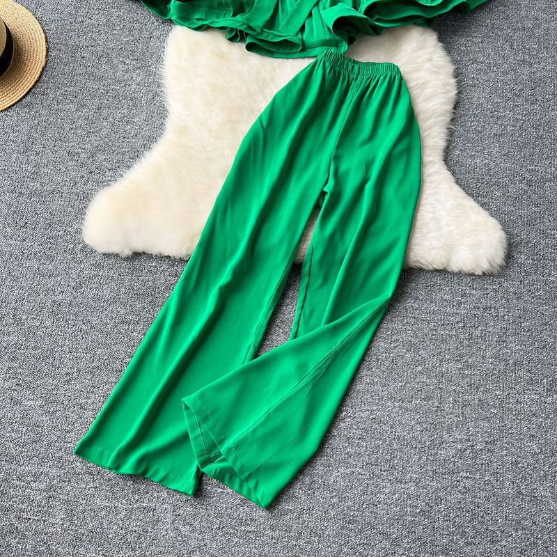 Ubrania damskie Lekki, dojrzały styl niszowy dwuczęściowy garnitur dla kobiet, luźny pas z wiązaniem, rozkloszowany, długi rękaw, plisowana góra + spodnie casualowe z wysokim stanem_voghion.com