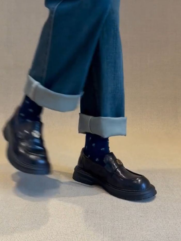 Versione in pelle di mucca ~ Mocassini con tacco spesso Camellia da donna, autentici, stile retrò slip-on, con plateau, in pelle piccola_voghion.com
