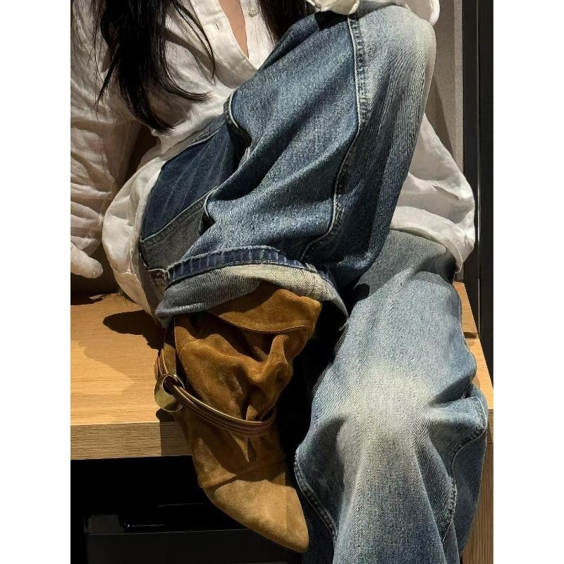 Stivaletti western in vera pelle di pecora con tacco a spillo, per donna, in pile piegato, autunno inverno, nuovi, alla moda, versatili, corti_voghion.com