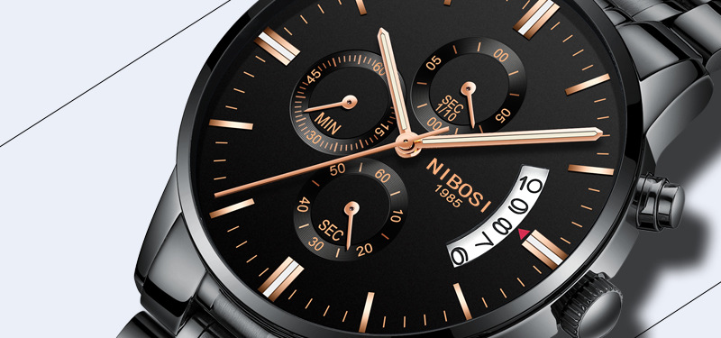 Neue NIBOSI-Herrenuhr mit Schmetterlingsschnalle, massivem Stahlband, wasserdichte Beschichtung, Glas, Nachtlicht, drei Augen, 6-polige Quarzuhr_voghion.com