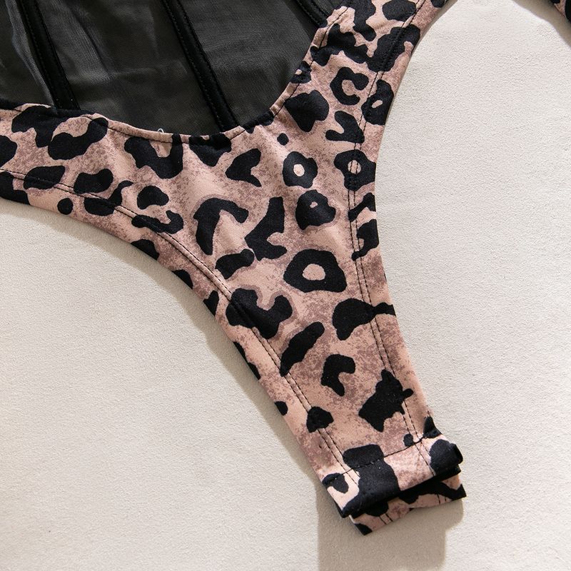 New Women's Wild Leopard Print Sexy Splicing Transparent Mesh Body Shaping Jumpsuit Long Sleeved Leopard Print Dress_voghion.com