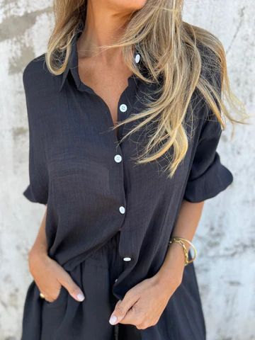 Conjunto de duas peças feminino casual de algodão e linho, cor sólida, manga comprida, camisa de tecido amassado, 2025_voghion.com