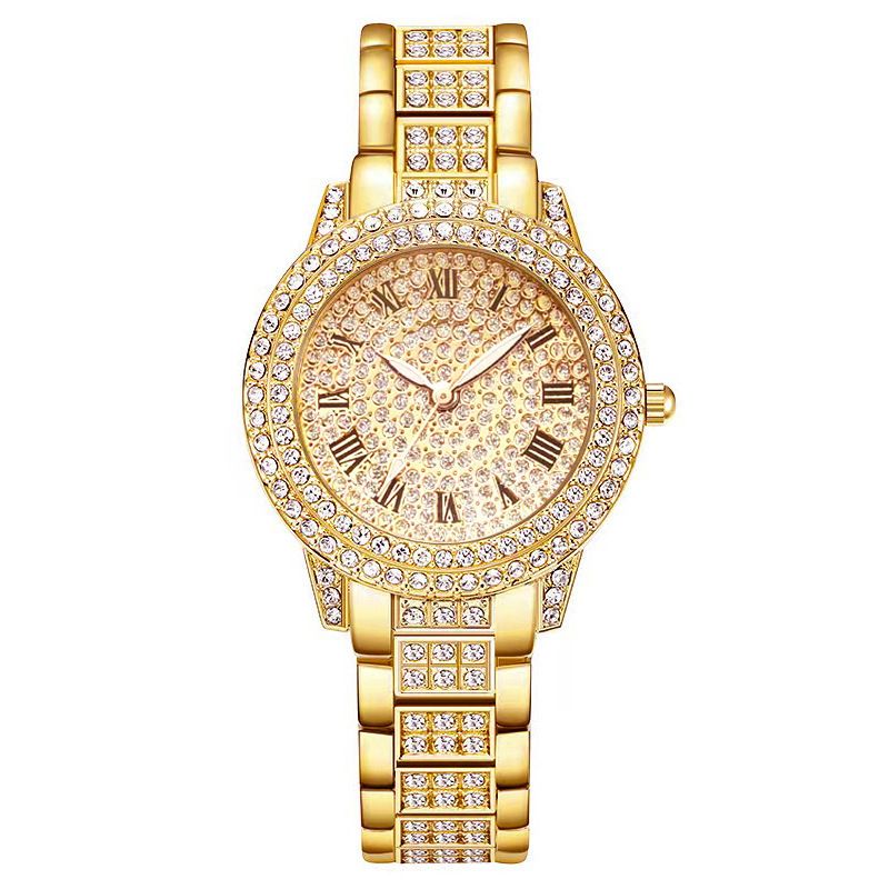 Luxury Roman Numeral Dial Watch With Full Diamond Accents & Hip-Hop Style Bracelet Set - Quartz Movement, Stainless Steel Band_voghion.com