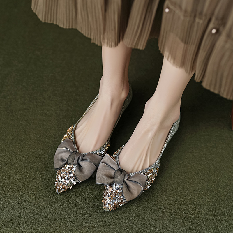 Pointed Flat-soled Single Shoes, Women's Bows, One Pedal, Rhinestone Ladyshoes, Women's Soft-soled Shallow-mouth Large-size Women's Shoes_voghion.com