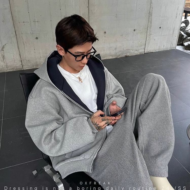 Schwerer Herren-Kapuzenpullover mit Reißverschluss – Streetwear-Jacke mit doppeltem Reißverschluss und überschnittenen Schultern (M-XXXL, Schwarz/Hellgrau, Übergröße)_voghion.com