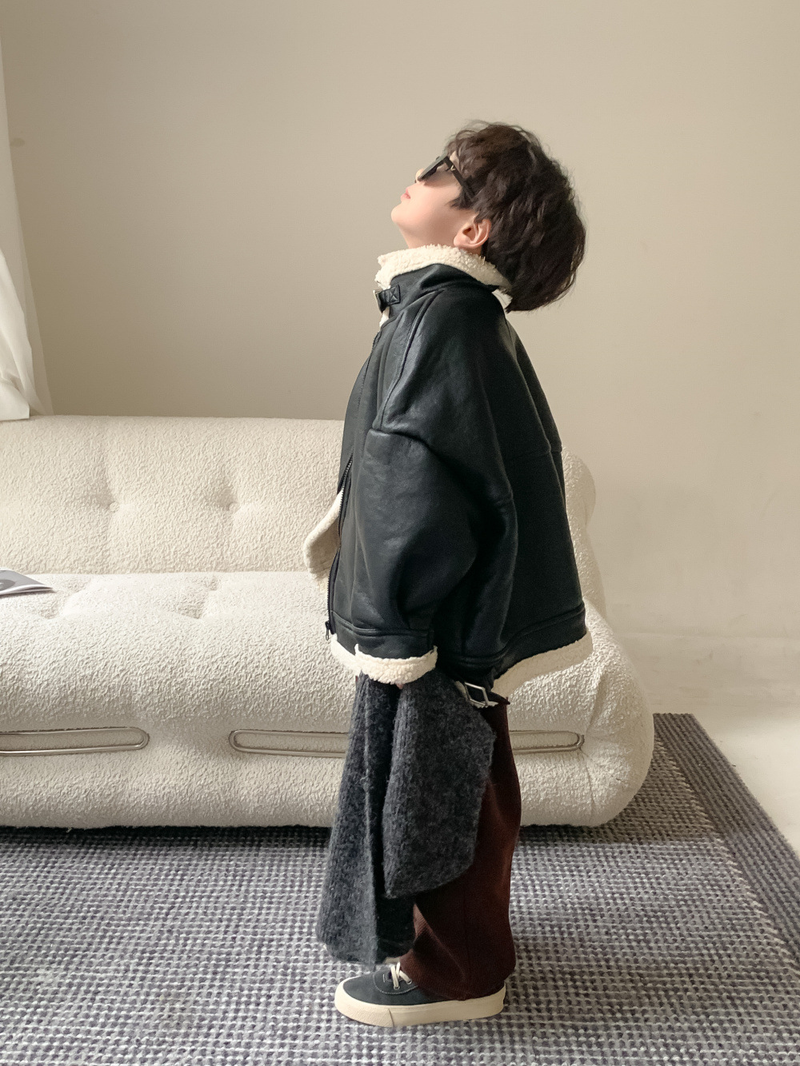 Children's Coat Winter Boy Korean Casual Fur Collar Leather Jacket Children's Extra Zipper Leather Jacket_voghion.com