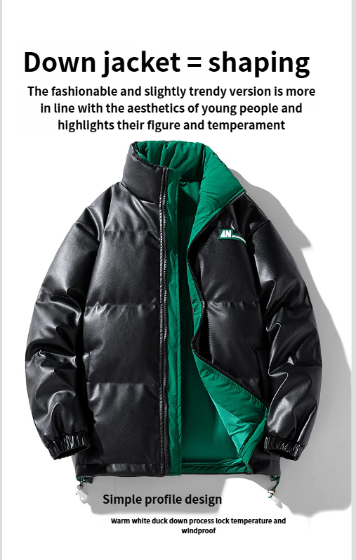 Giacca imbottita in piuma d'anatra bianca da uomo in pelle PU con colletto rialzato, modello invernale 2025, alla moda_voghion.com