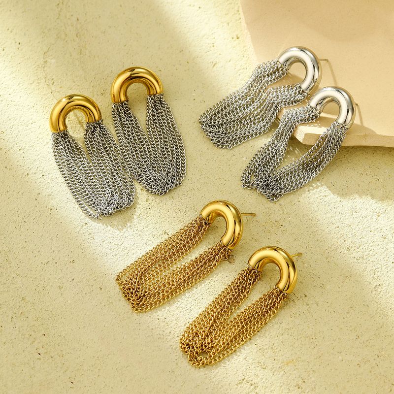 Women's Jewelry Elegant Curved Chain Drop Earrings With Tassel Design, Stainless Steel C-Shaped Hoop Earrings For A Sophisticated Look_voghion.com