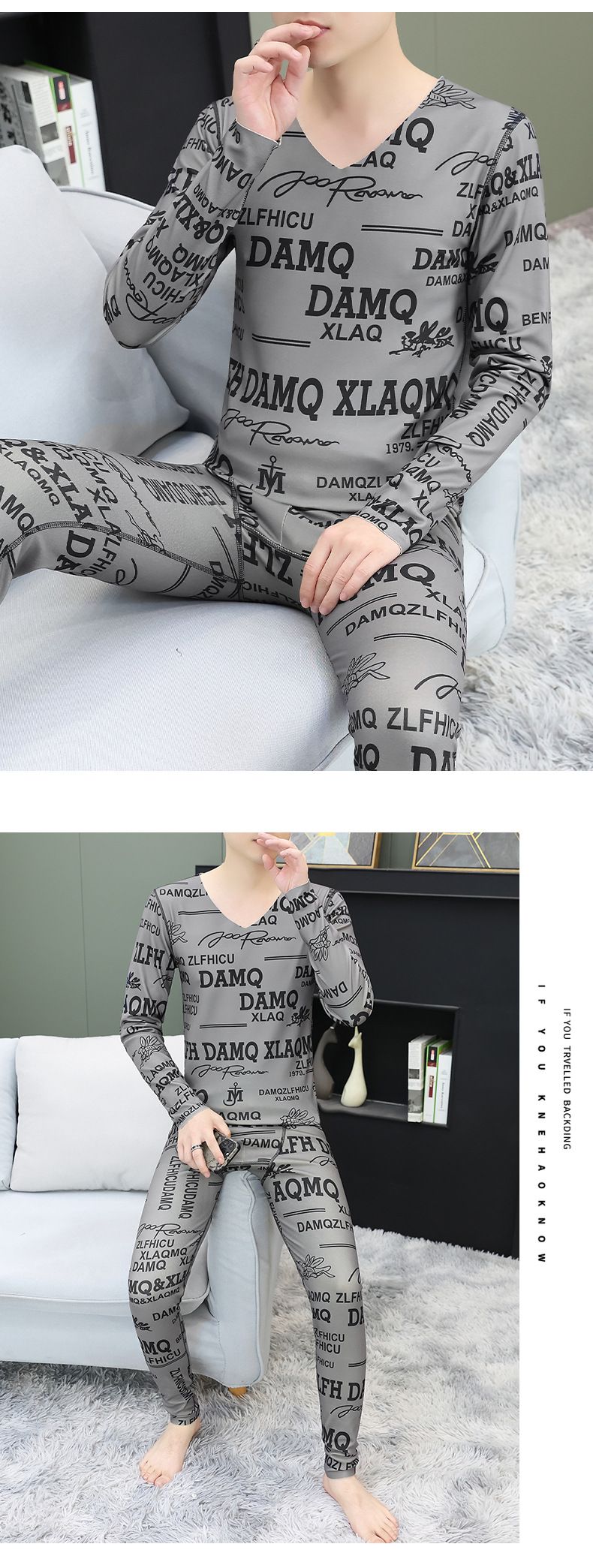 Men's Thermal Underwear Set Winter Warm Seamless V-Neck Base Layer Top & Bottom Stretchy Comfort Fit High Elasticity Grey/Black/Green_voghion.com