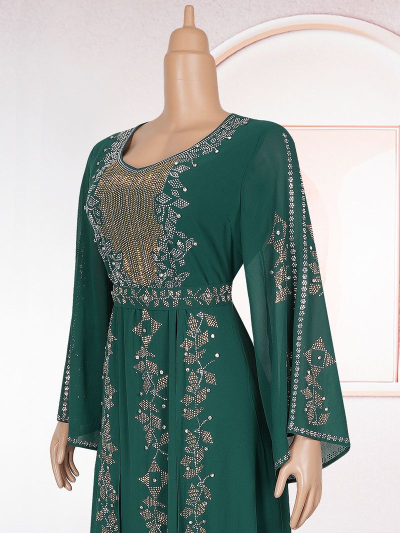 Elegantes Langarm-Maxikleid mit Strassverzierung, schlichtes muslimisches Abendkleid für Damen, A-Linien-Abendkleid in Übergröße (Grün/Violett/Schwarz)_voghion.com
