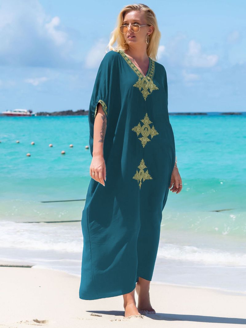 Damenbekleidung, besticktes Strandkleid aus Baumwolle, besticktes Urlaubs-Bikini-Überzug_voghion.com