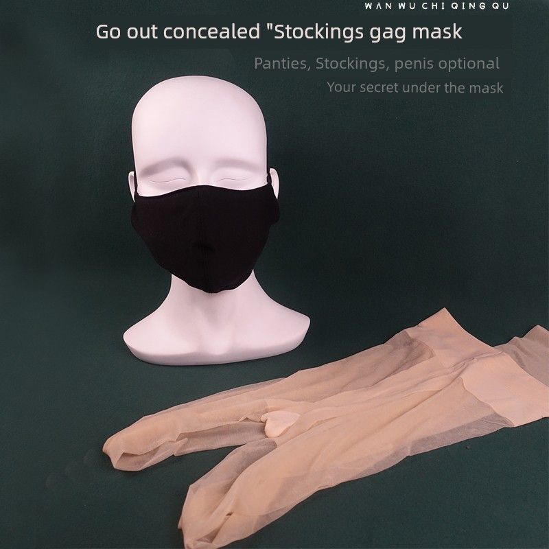 Maschera bavaglio invisibile da uomo esposta all'aperto con calze sexy, biancheria intima strappabile, accessori SM per schiavo maschio_voghion.com