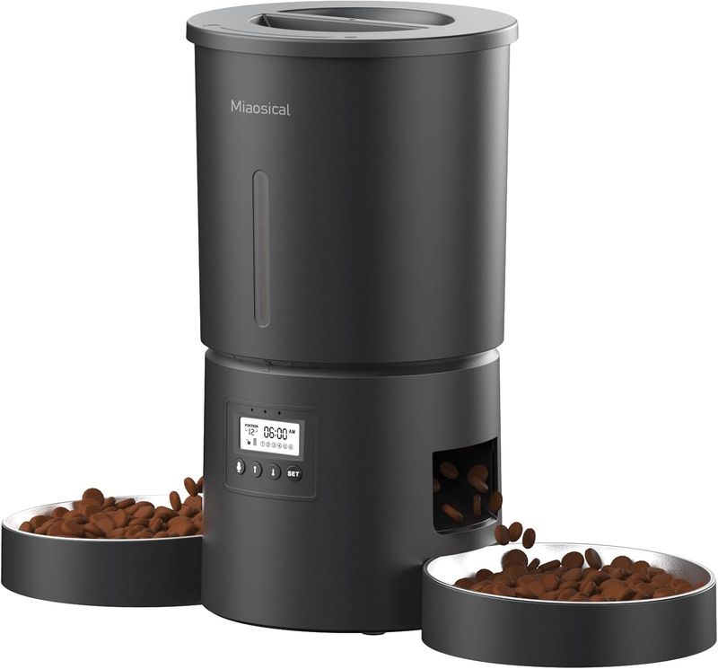 Miaosical Automatischer Katzenfutterautomat mit Doppelnäpfen für 2 Katzen, Kätzchen & Kleine Hunde Futterspender (Schwarz, 4.2L+Rostfreier Stahl_voghion.com
