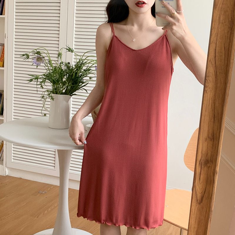 2024 Sommer Damen Nachtwäsche Threaded Ice Silk Sexy Back Strap Einfarbig Home Kleidung Cool Schlafrock_voghion.com