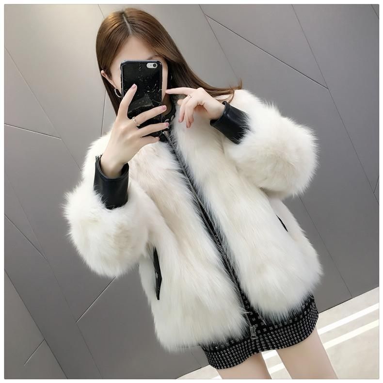 Giacca in pelliccia sintetica da donna – Cappotto corto in stile motociclista con collo in pelliccia di volpe (bianco/cachi chiaro/blu lago/grigio beige, S/M/L)_voghion.com