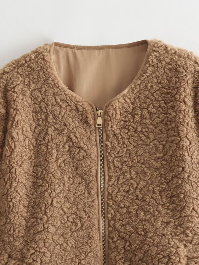 Chaqueta polar con cremallera de moda para mujer: prenda exterior suave y elegante con efecto 3D, cuello redondo y botones (caqui, talla S/M/L)_voghion.com