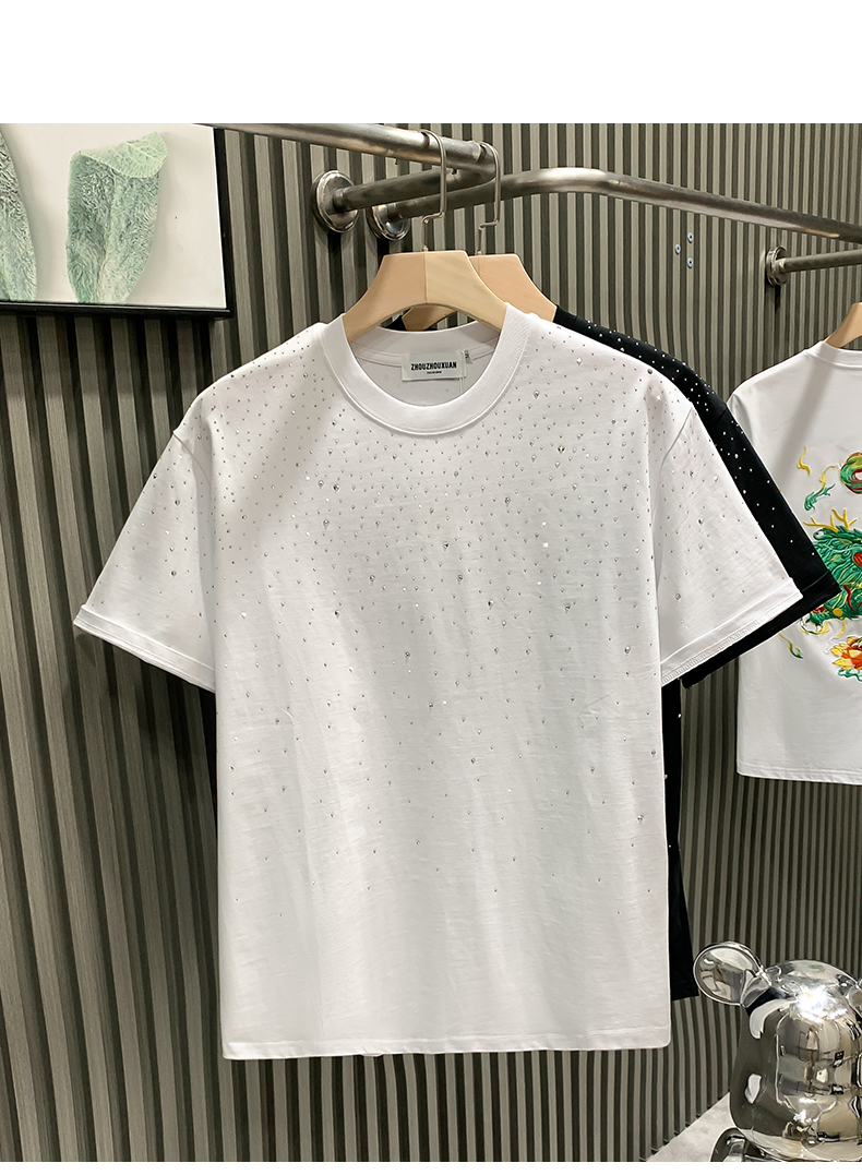 Marca de moda europea de moda ligera de lujo para hombres, pantalones cortos de Internet, celebridades, nicho, diamantes calientes, cuello redondo de alta gama_voghion.com