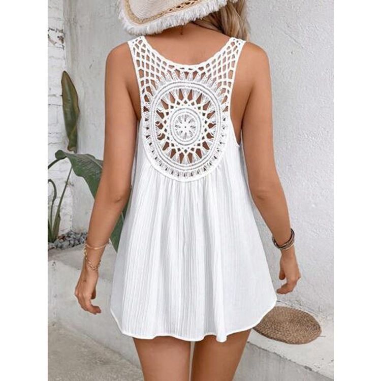 Camiseta sin mangas holgada con escote en V y encaje en la espalda para mujer, novedad de verano 2025_voghion.com