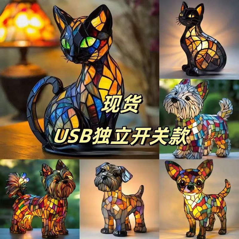 New Dog Series Resin Ornaments LED Night Light Art Animal Statue Creative Home Desktop Decoration_voghion.com