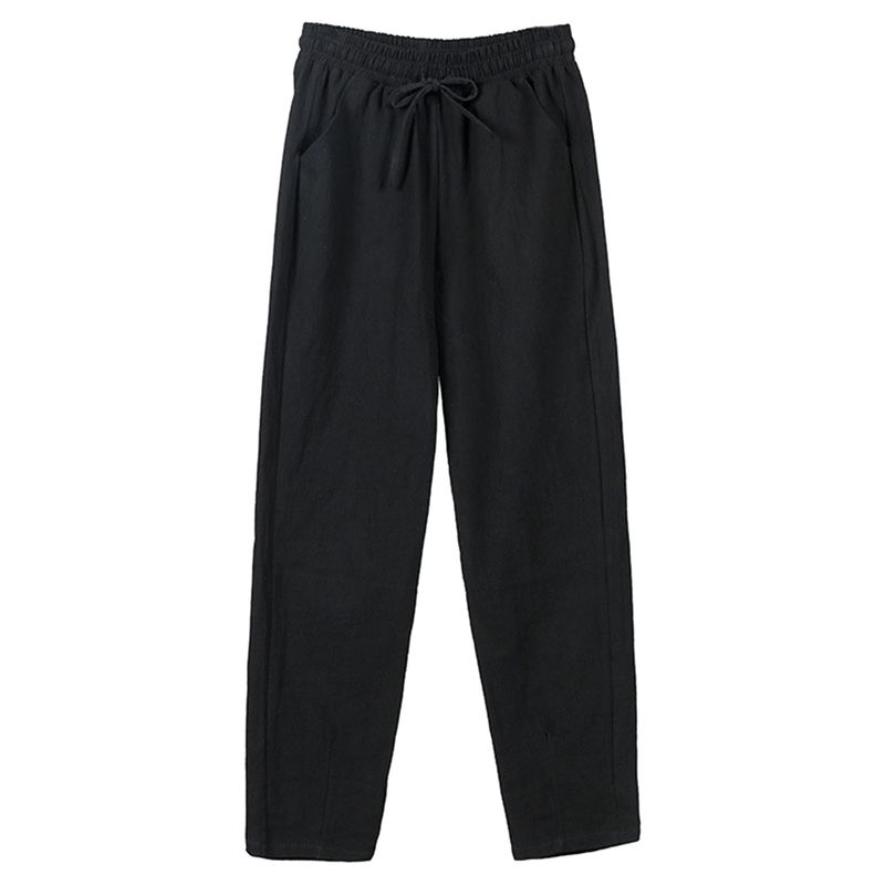 Pantalon d'été simple en coton et lin pour femme, taille haute, jambe large, longueur cheville, avec poche, Y2k_voghion.com