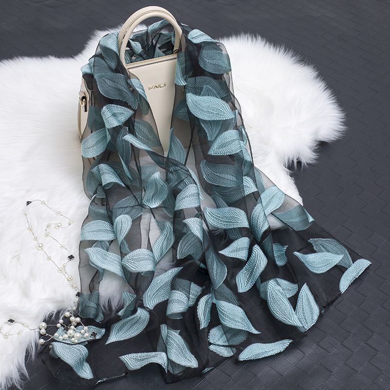 2024 Spring Summer Korean Version Organza Cut Flower Women Cotton Linen Lace Splicing Leaf Pattern Silk Scarf Shawl_voghion.com