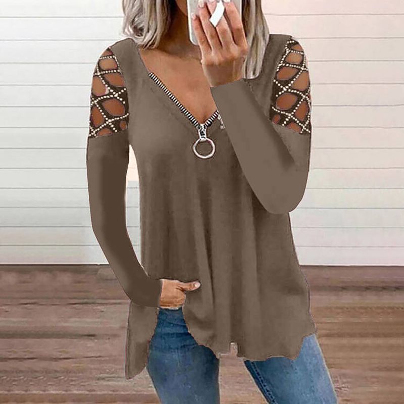 T-shirt casual da donna con scollo a V, manica cava, tinta unita, nuova moda autunno inverno 2023_voghion.com