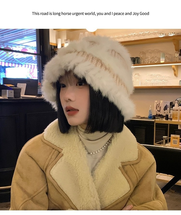 Konijnenhaar Dames Winter Koreaanse versie Show Face Kleine veelzijdige gebreide wollen muts Pluche emmer Visser_voghion.com