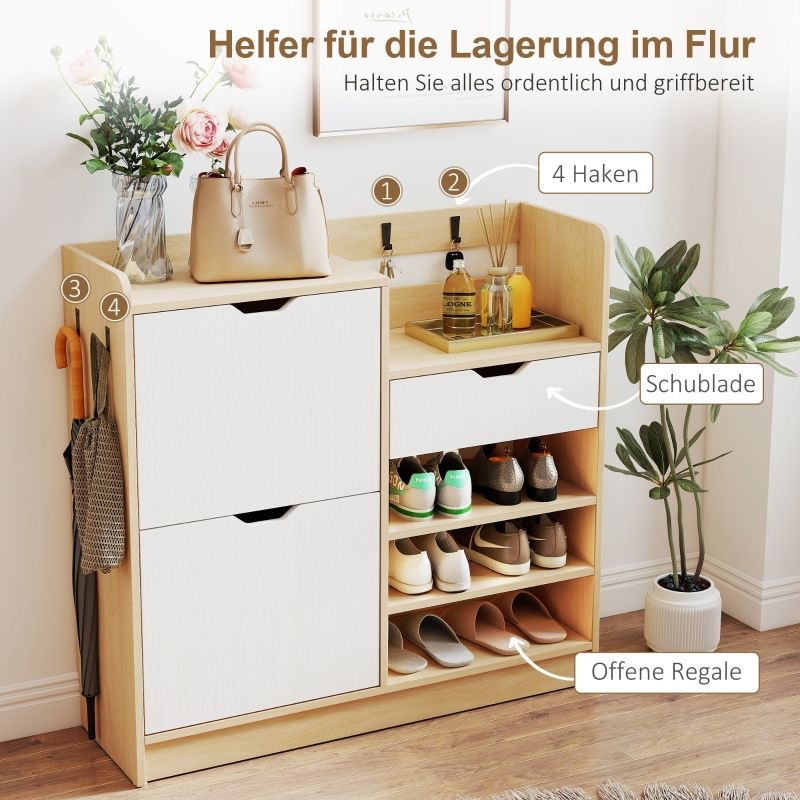 Schuhregal Natur Mit Kippschubladen, 4 Haken Für 14 Paar Schuhe_voghion.com