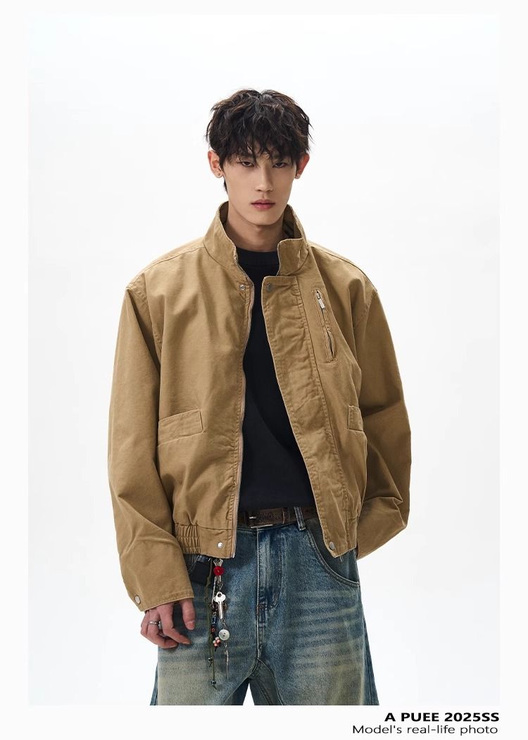 Vintage Aviator Jacket Men's Casual Bomber Coat Cotton Short Jacket Retro Loose Fit Stand Collar Workwear Top For Spring Autumn_voghion.com