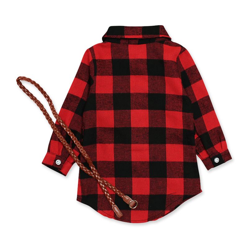 Kinder Frühling und Herbst Mädchen langärmeliges rotes kariertes Kleid + Gürtel zweiteiliges Kinderkleid_voghion.com