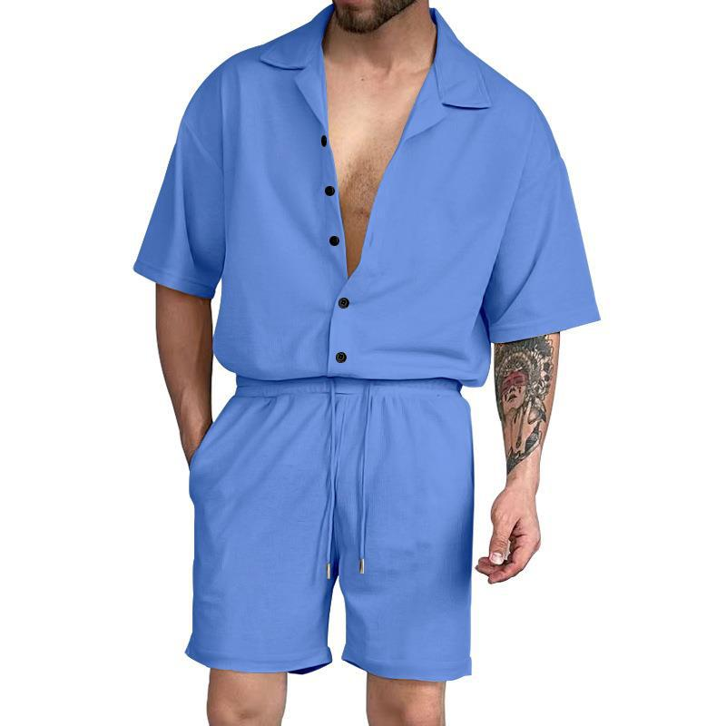 Sommeranzug, lässiges Revers, einfarbiges Hemd, Strickjacke mit Knöpfen, Kurzarm-Shorts-Set, Herren_voghion.com