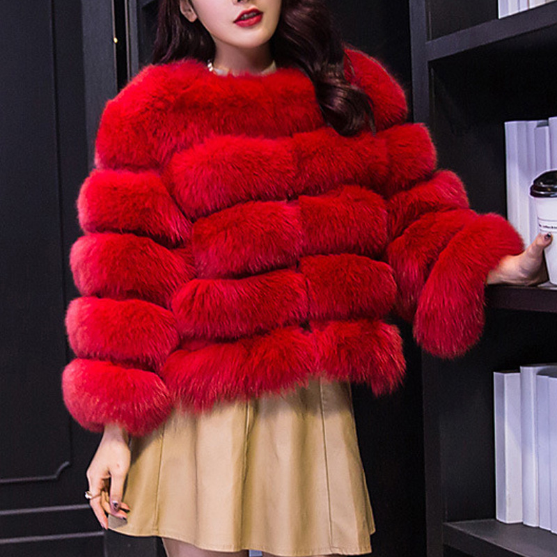 Women's fashion faux fox fur coat short round neck fur slim-fit top_voghion.com