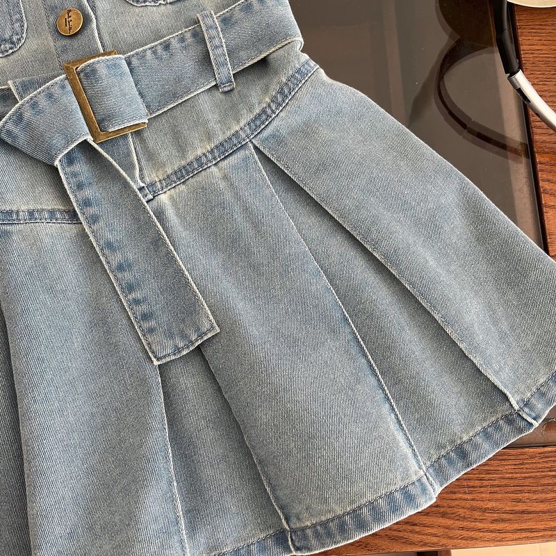 Abito in denim senza maniche in vita con risvolto per ragazze coreane estive 2024 per mamma e bambini_voghion.com