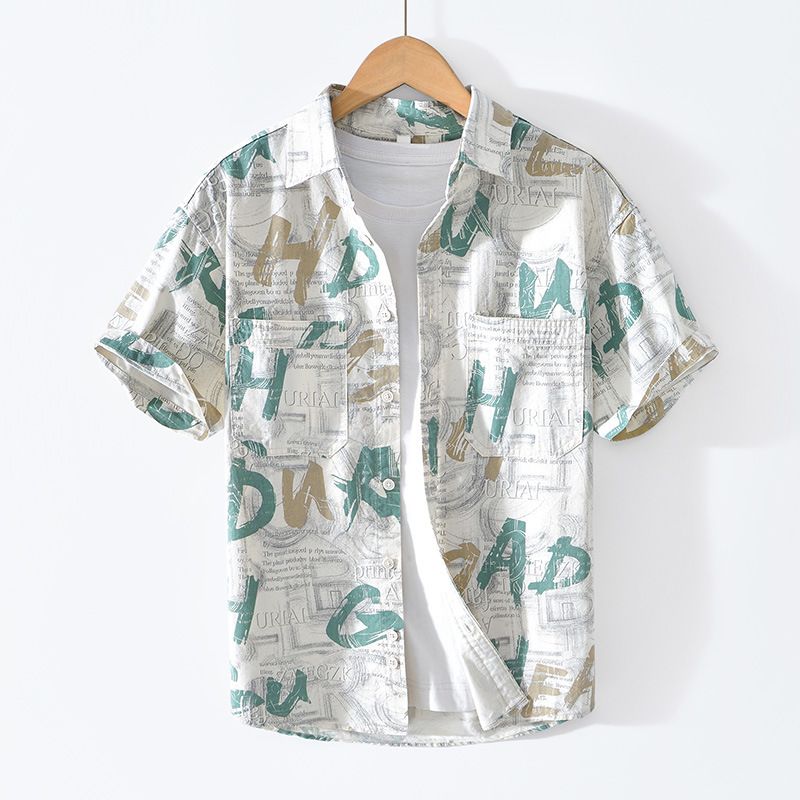 Camicia in cotone a maniche corte con stampa a lettere, alla moda e alla moda, fresca e ampia._voghion.com