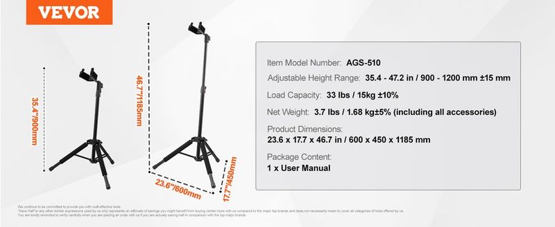 VEVOR Tripod Guitar Stand Floor-Standing Foldable 35.4-47.2 In Adjustable Height_voghion.com