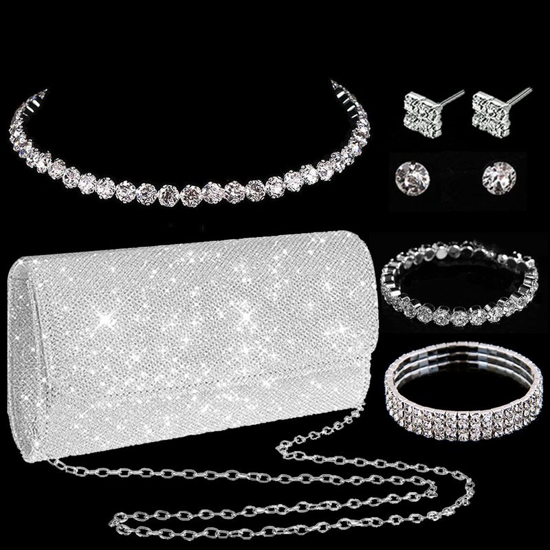 Damen-Schmuckset – Elegante Halskette mit geometrischen Strasssteinen, Ohrringen und Armband für Abendpartys, mehrlagiges Design, funkelndes Diamantarmband, Luxus-Set_voghion.com