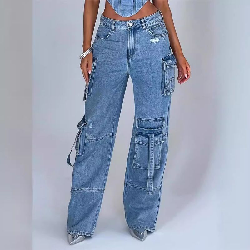 Women's Clothing Long hottie trousers straight multi pocket denim overalls for women ins style versatile loose casual pants for women_voghion.com