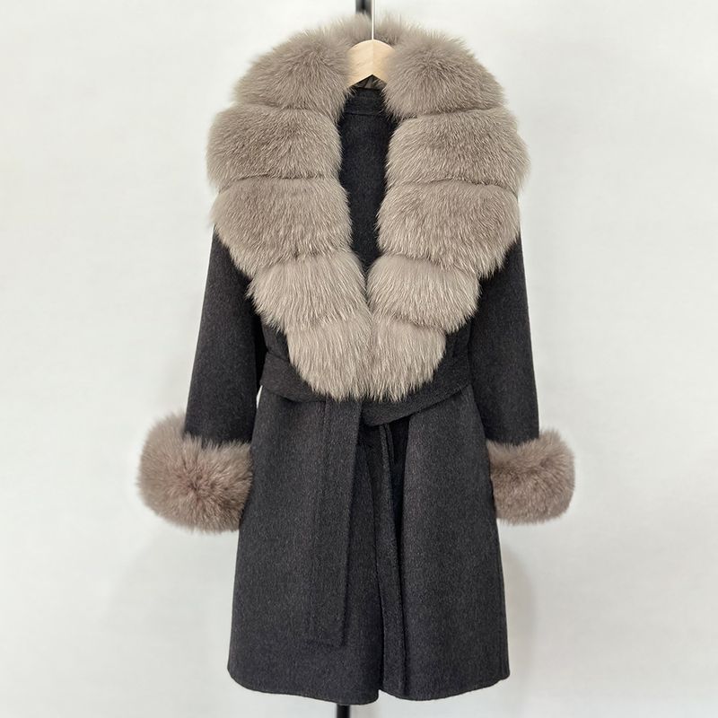Women's Long Wool & Cashmere Coat With Real Fox Fur Collar - Double-Faced Winter Trench Coat, Slim Fit Belted Dressy Outerwear, Elegant Overcoat (S/M)_voghion.com
