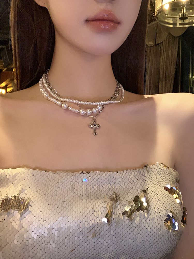 Qianjin Muse Neue mehrlagige Kreuzperlenkette, süßes, cooles Halsband, Schlüsselbeinkette, Accessoire für Damen_voghion.com