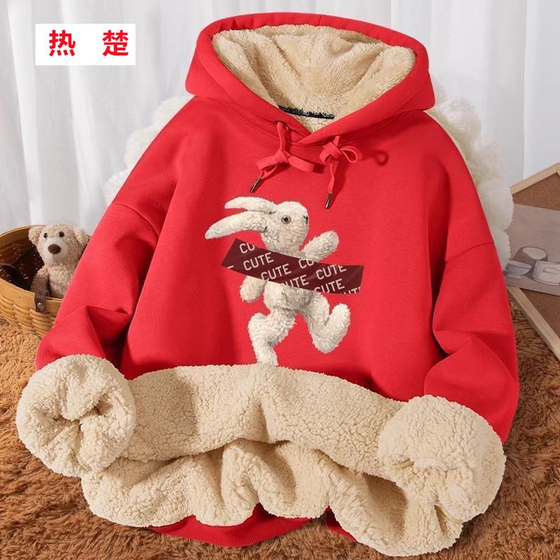 Felpa con cappuccio in lana di agnello, autunno, donna, vestibilità ampia, manica lunga, nuovo stile, pile, inverno 12_voghion.com