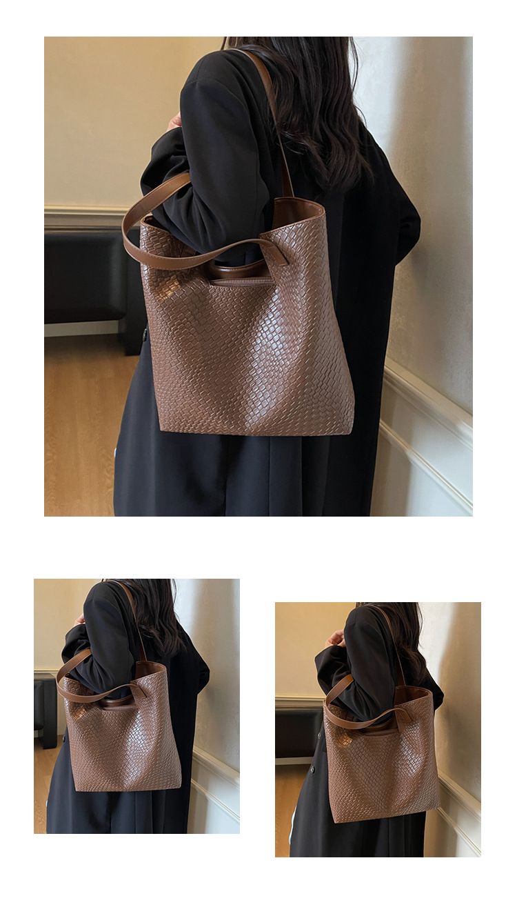 Women's Large Capacity Woven Tote Bag For Work & Travel, Stylish Shoulder Bag With Zipper Closure, Black/Beige/Khaki/Brown_voghion.com