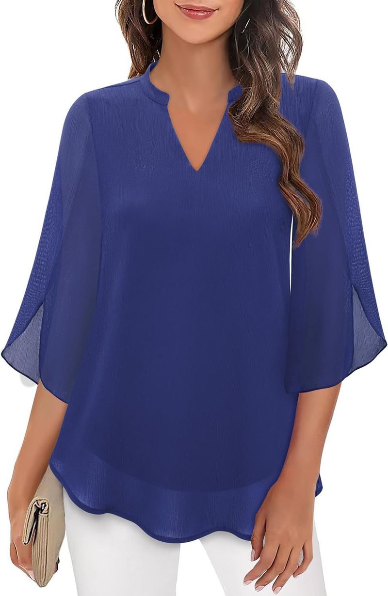 2025 Casual Sommer Neue frauen Blütenblatt Ärmel Lose V-ausschnitt Chiffon Bluse_voghion.com